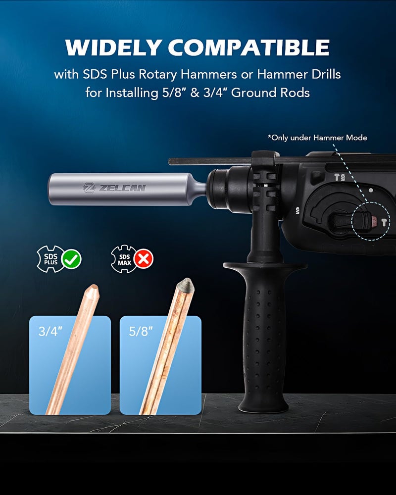 ZELCAN SDS Plus Ground Rod Driver, Heavy Duty Ground Rod Bit Driver for 5/8 Inch & 3/4 Inch Grounding Rods, Compatible with Bosch Dewalt Milwaukee Hilti and All SDS-Plus Rotary Hammer Drills - Image 4